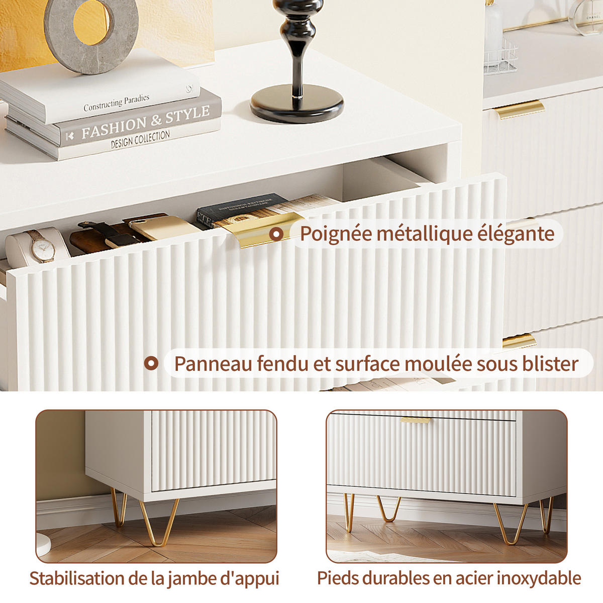 KOMMODE WEIß 4 Schubladen Wellenfront Goldgriffe - Weiß, Holzwerkstoff (34/91/60cm) - SHOPENTRA