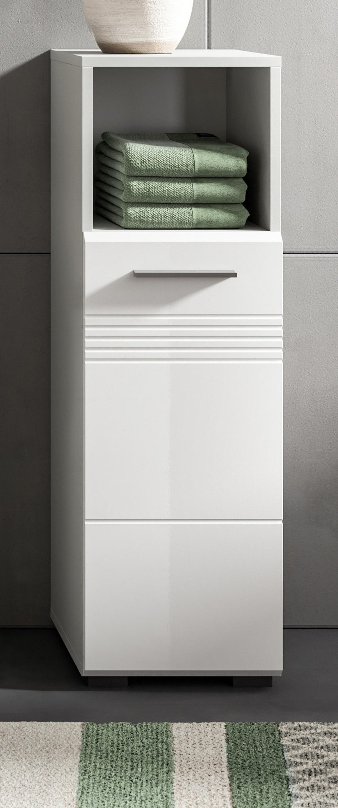 BADKOMMODE weiß Hochglanz, grau 30 cm, Badschrank mit Soft-Close - Weiß Hochglanz/Silberfarben, Holzwerkstoff/Kunststoff (30/95/30cm) - Inn.Furn