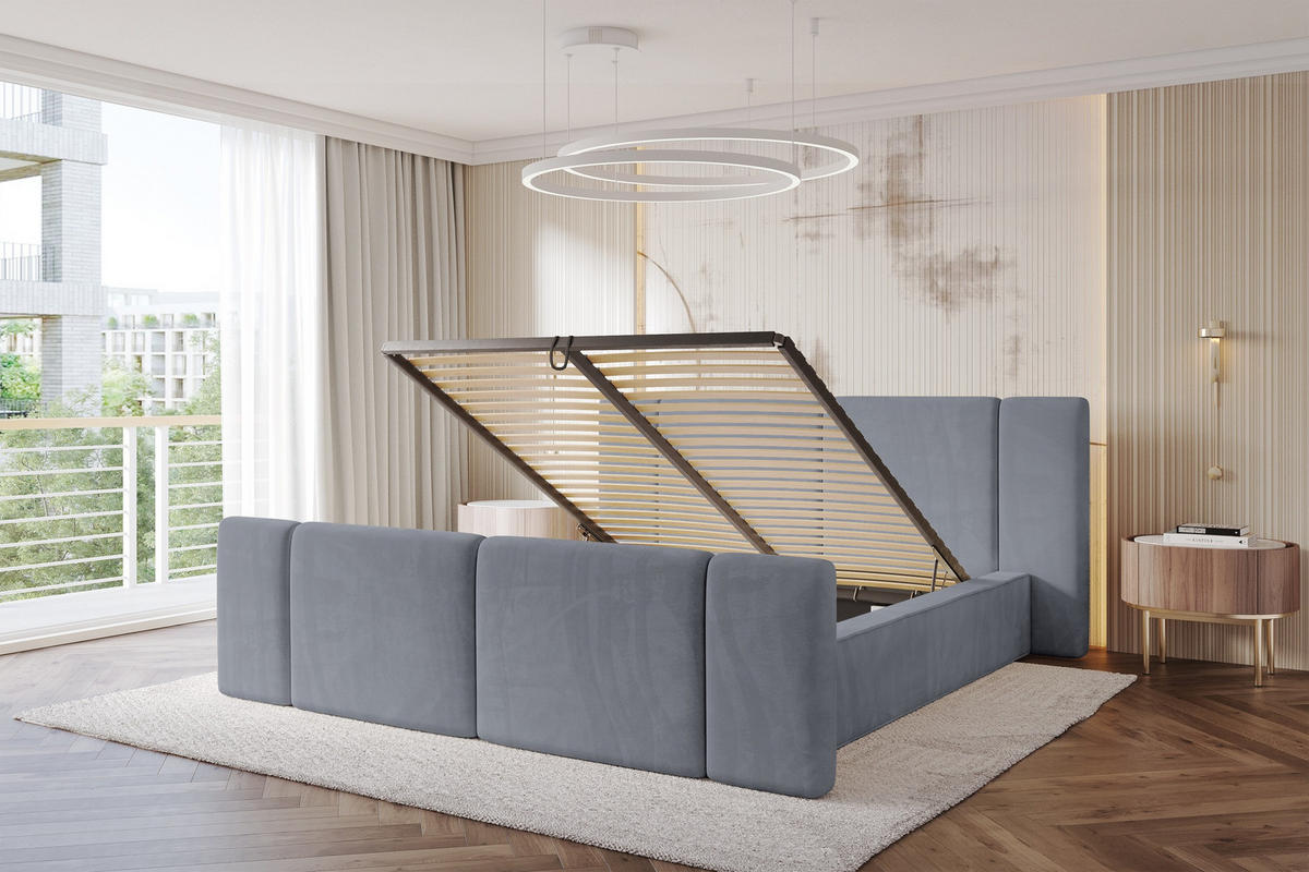 POLSTERBETT mit Bettkasten, Fußteil und Lattenrost, Bett mit Matratze H3/H4 - RIVO-Z 180x200 Grau - Grau, Holzwerkstoff/Textil (180/200cm) - ALTDECOR