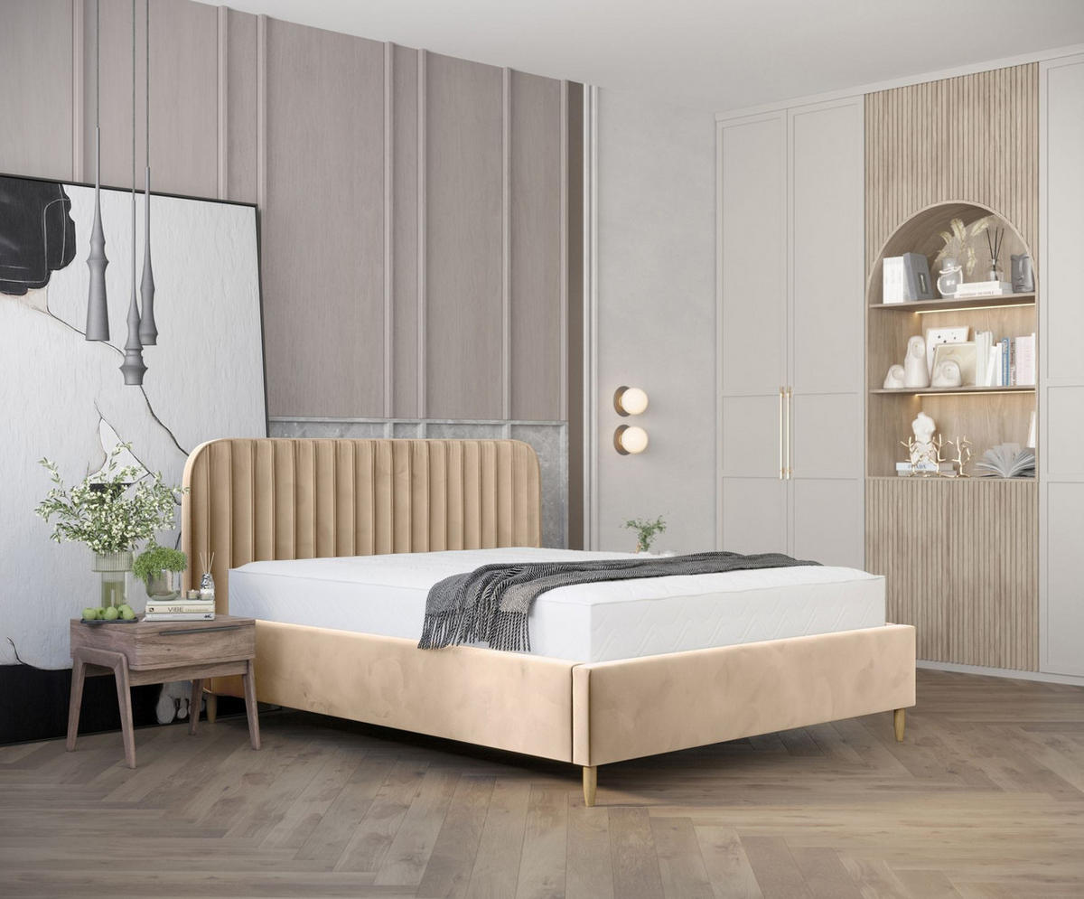 POLSTERBETT Noto Beige 160/200 cm im Samtstoff - Beige/Naturfarben, Holz/Holzwerkstoff (160/200cm) - Maison de Reve