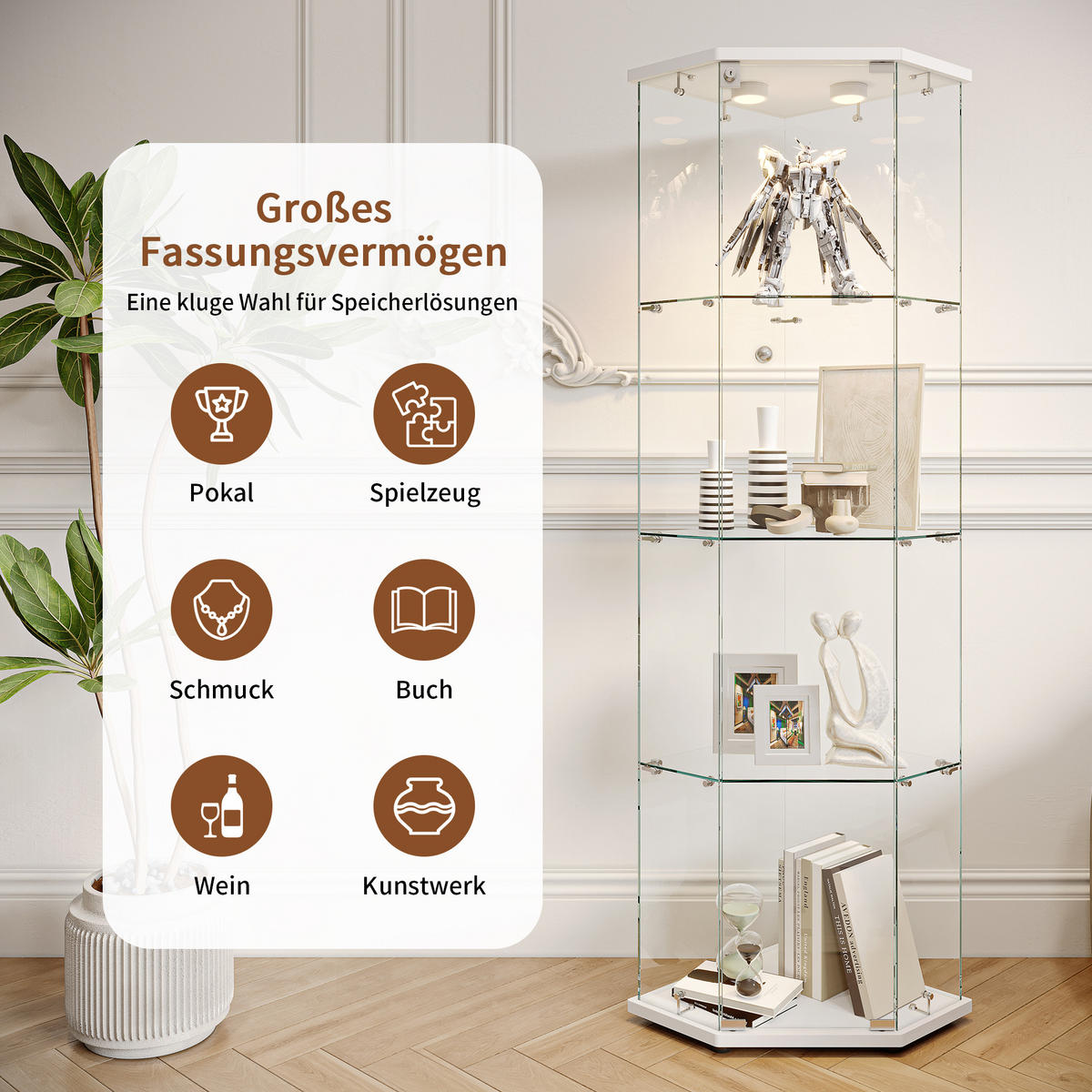 VITRINE 4 Etagen, 1 Tür, LED-Touchlicht Sockel, Pentagon, Weiß - Weiß, Glas (60/160/40cm) - EuroLiving
