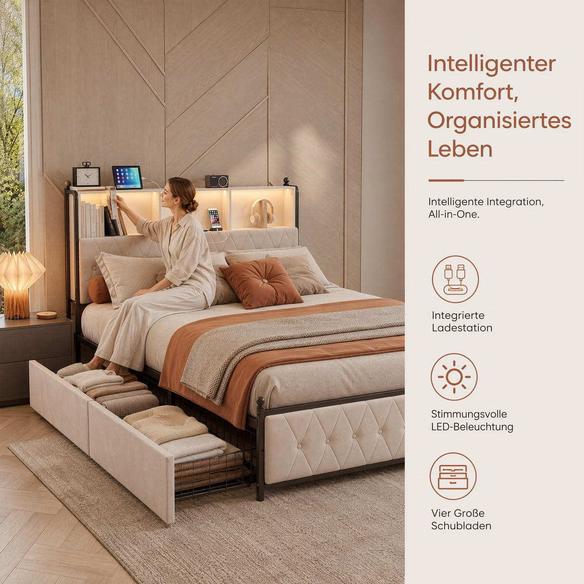 POLSTERBETT 160x200 cm mit USB- und LED-Kopfteil, Bett mit Stauraum und 4 Schubladen, Lattenrost, Samt, Beige - Beige, Holz/Metall (160/200cm) - GENKI LIVING