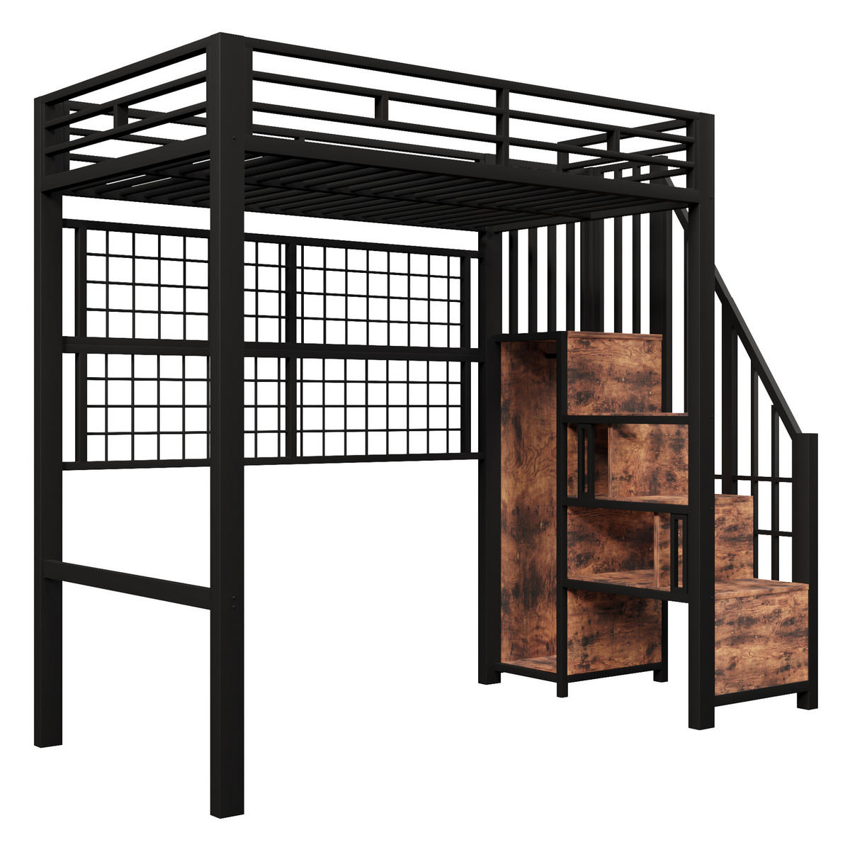 HOCHBETT aus Metall und MDF 90x200 cm Schwarz mit Kleiderschrank, Stauraumleiter, Hängegitter und 7-Farben-LED - Schwarz, Metall (90/200cm) - Modfu