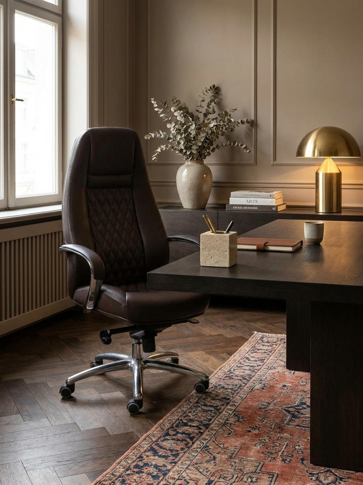 CHEFSESSEL Echtleder mit Aluminiumfußkreuz und ergonomischer Sitzform MADRID, Braun 70x68x130 cm - Silberfarben/Braun, Leder/Metall (70/130/68cm) - KADIMA DESIGN