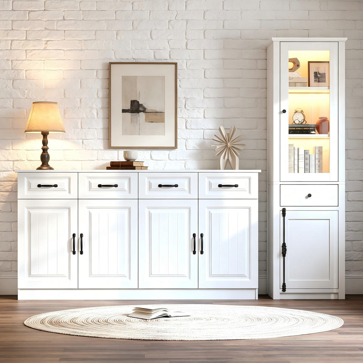 SIDEBOARD Vitrinenschrank multifunktional mit Stauraum & offenen Fächern mit Türen MDF robust - Transparent/Weiß, Glas/Holzwerkstoff (160/80/35cm) - EVRYAE