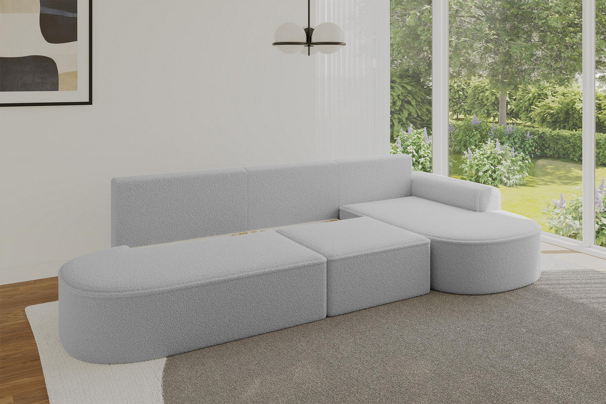 ECKSOFA mit Schlaffunktion Ottomane RECHTS MARI L2-S 368X167X85 Hellgrau Bouclé - Hellgrau/Schwarz, Holzwerkstoff/Kunststoff (167/368cm) - ALTDECOR