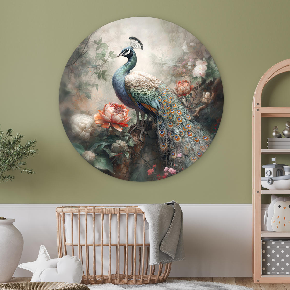 WANDBILD Pfau - Pfauenfedern - Vogel - Dschungel - Blumen 150x150 cm - Smaragdgrün, Kunststoff (150/150cm) - MuchoWow