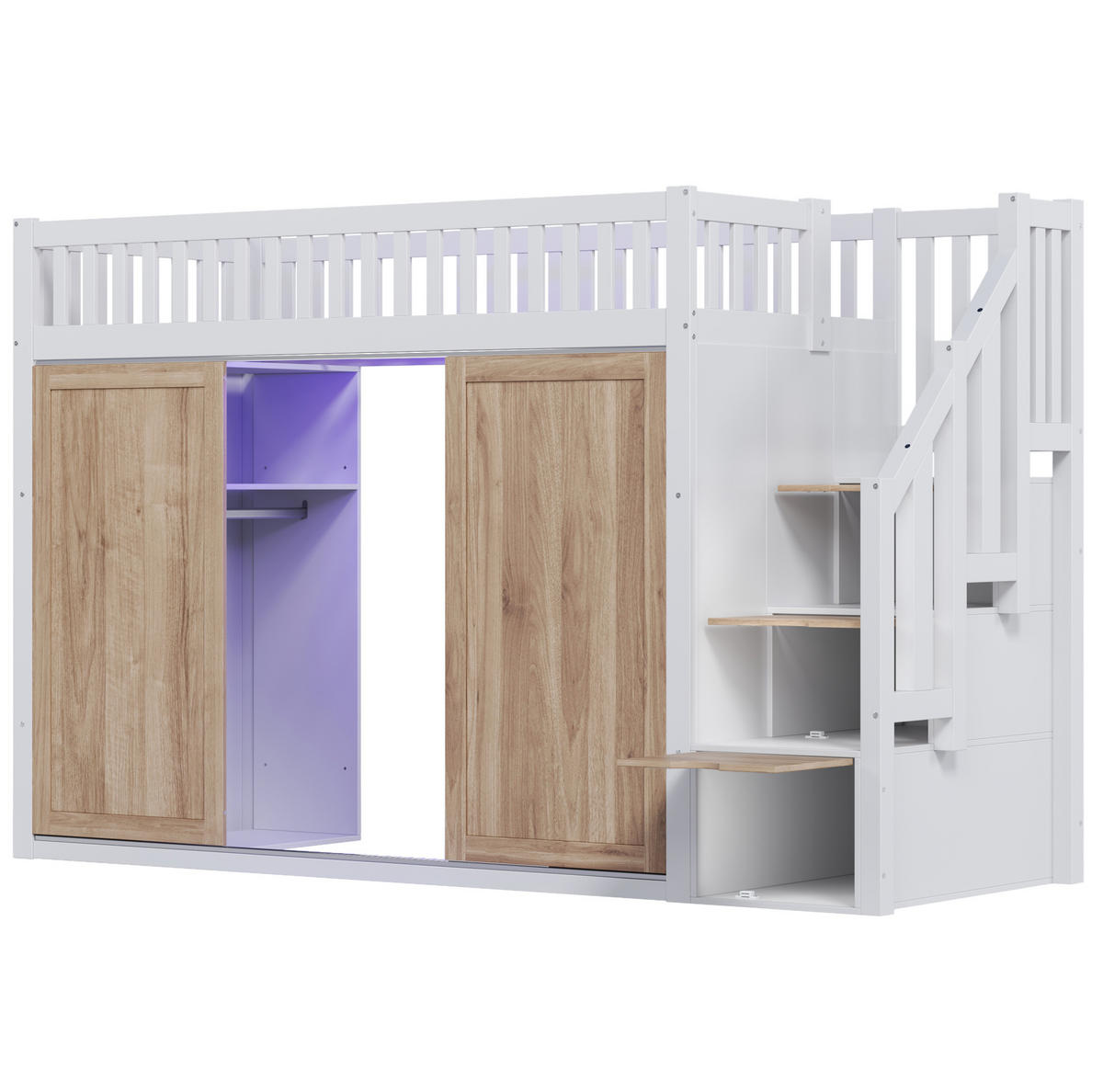 HOCHBETT 90/200 cm weiß/eichefarben aus Massivholz mit Schrank und Treppe - Weiß, Holzwerkstoff (90/200cm) - OKWISH