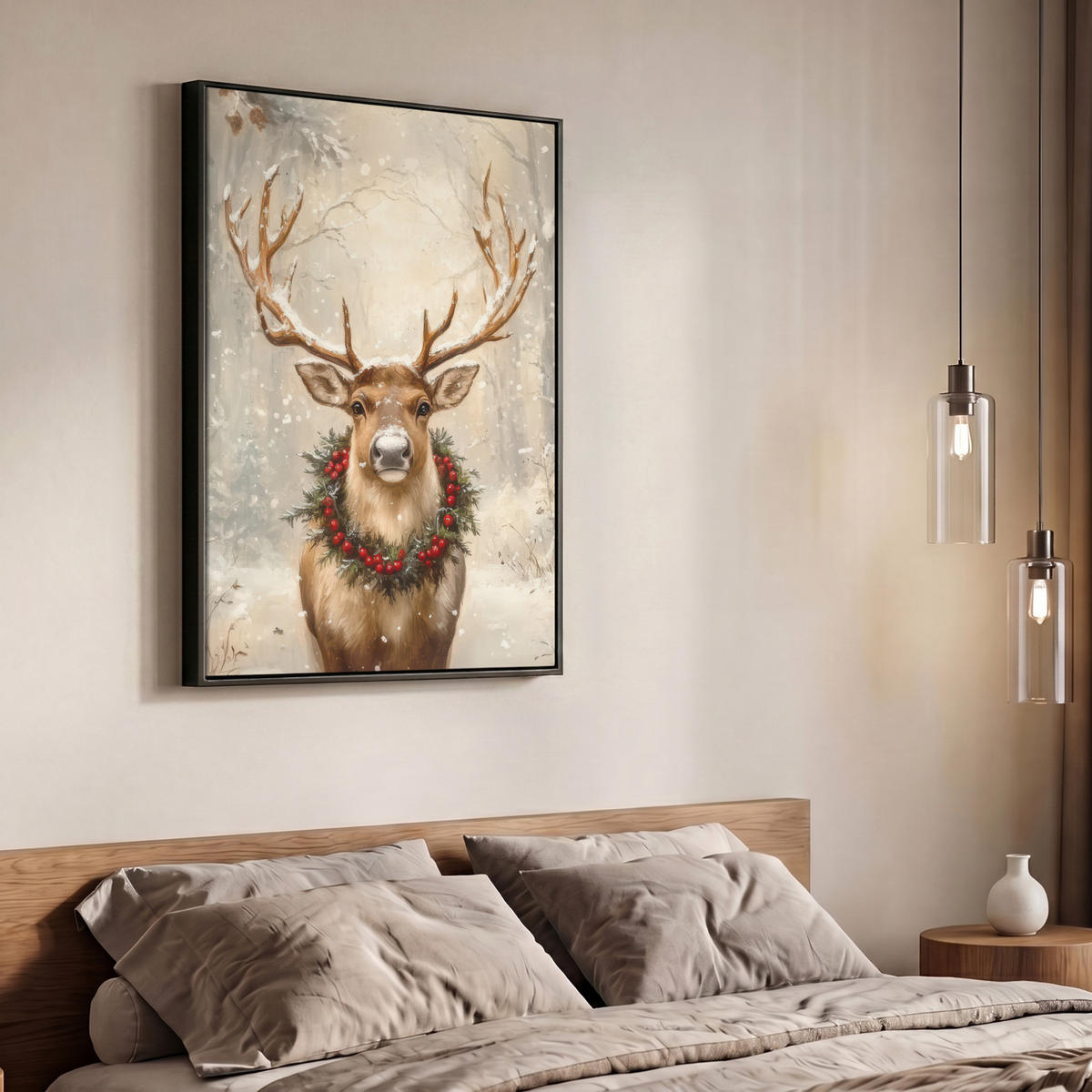 LEINWAND Bilder mit Rahmen - Weihnachten - Rentier - Winter - Kranz - 70x100 - Naturfarben, Textil (70/100cm) - MuchoWow