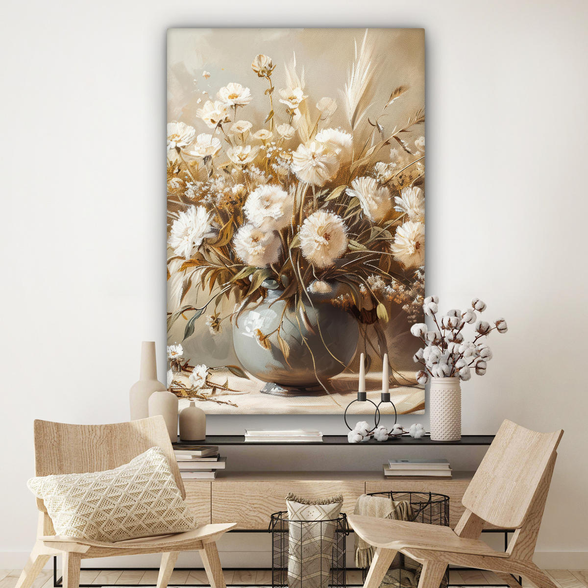 LEINWANDBILD Blumen - Vase - Stilleben - Beige Deko Groß 90x140 cm - Creme, Textil (90/140cm) - MuchoWow