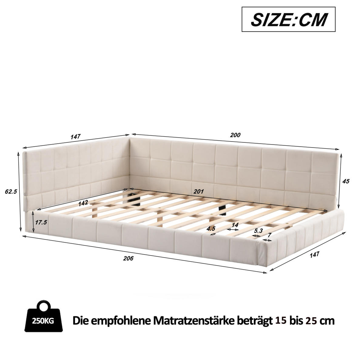 ČALÚNENÁ posteľ z látky, preglejky a MDF 140x200 cm béžová s lamelovým roštom, obojstrannou opierkou a denným využitím - béžová, textil (140/200cm) - Modfu