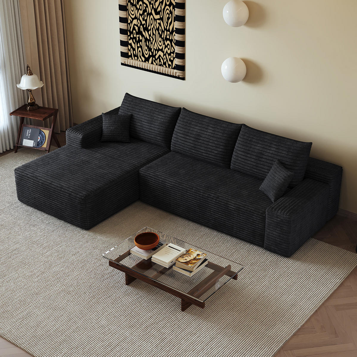 ECKSOFA 270/175/83 cm Schwarz Cord mit Chaiselongue, Linke Seite - Schwarz, Textil (270/175cm) - Oxeza