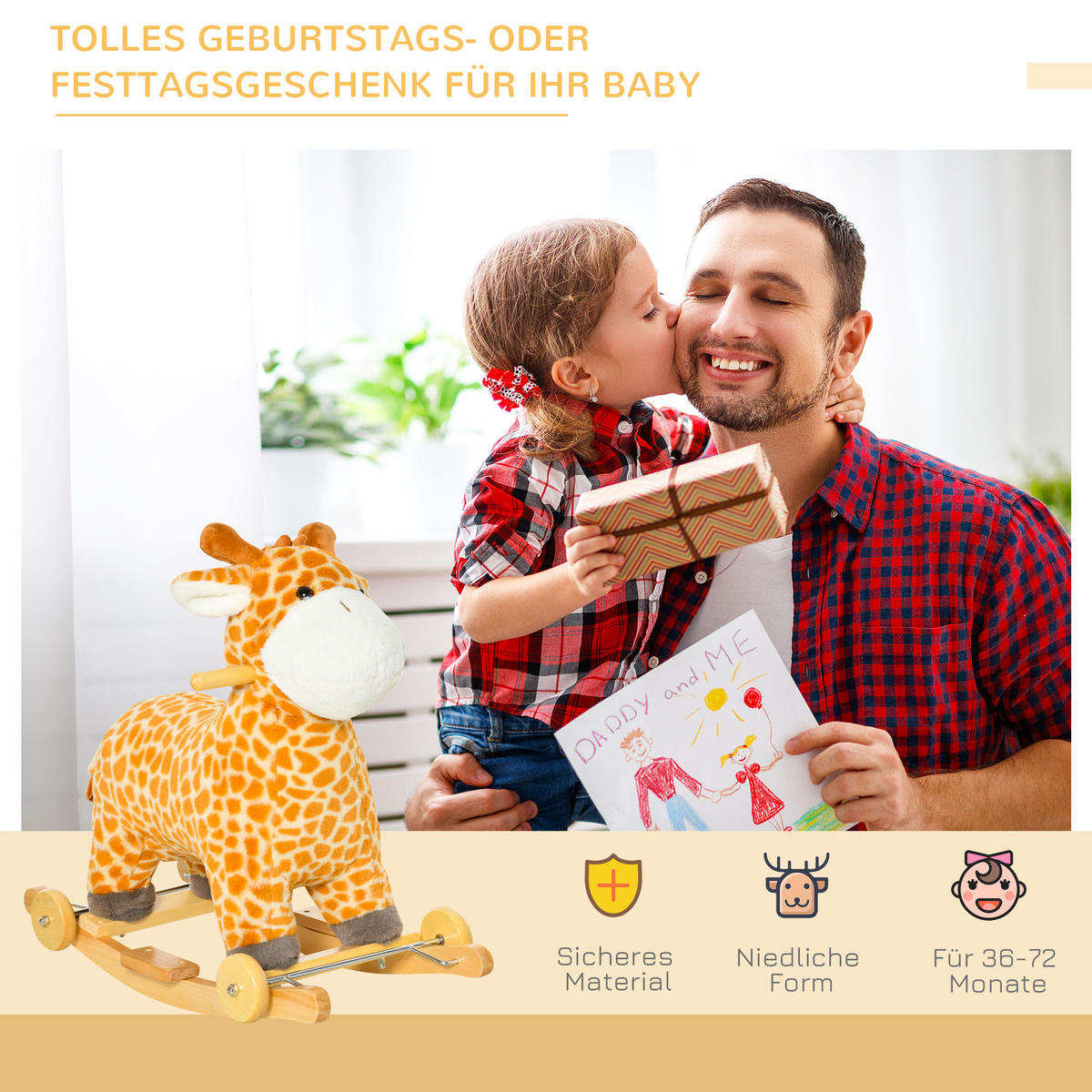 KINDER SCHAUKELTIER, Gelb, Plüsch+ Pappel - Gelb, Holz (38/63/63cm) - HOMCOM