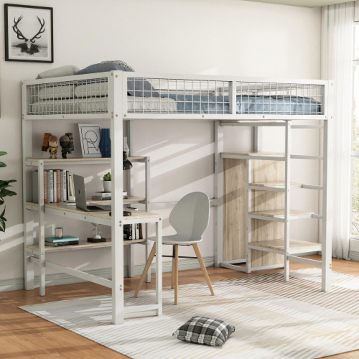 HOCHBETT 140 × 200 cm aus Metall und MDF mit Schreibtisch, Regalen und Kleiderschrank, weiß - Weiß, Holzwerkstoff - Luhomfu