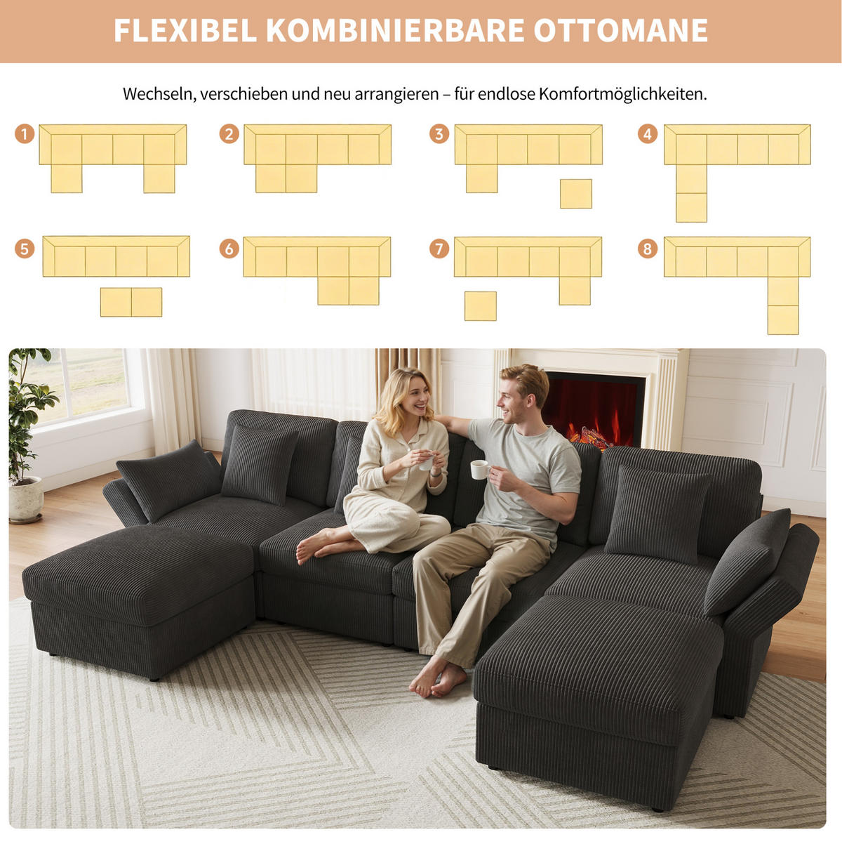 ECKSOFA 290/159,5/89 cm grau aus Cord mit verstellbaren Armlehnen und 2 Hockern - Grau, Textil (159.5/290cm) - OKWISH