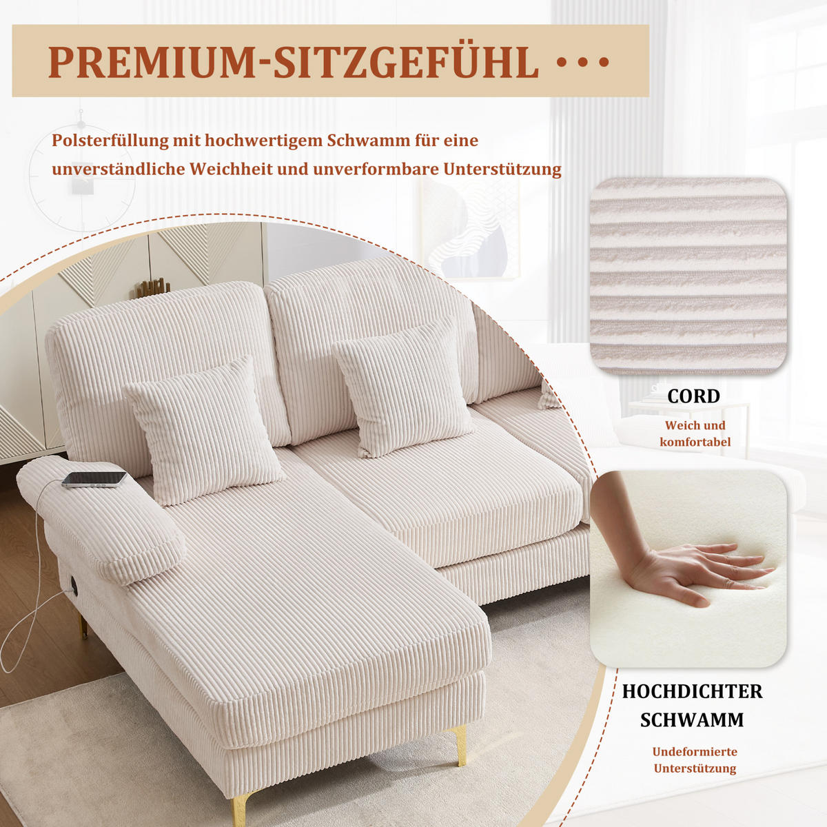 U-FORM Wohnlandschaft Samt mit LED und USB-Anschluss 265/135/88 cm Beige - Beige, Textil (135/88/265cm) - Redom