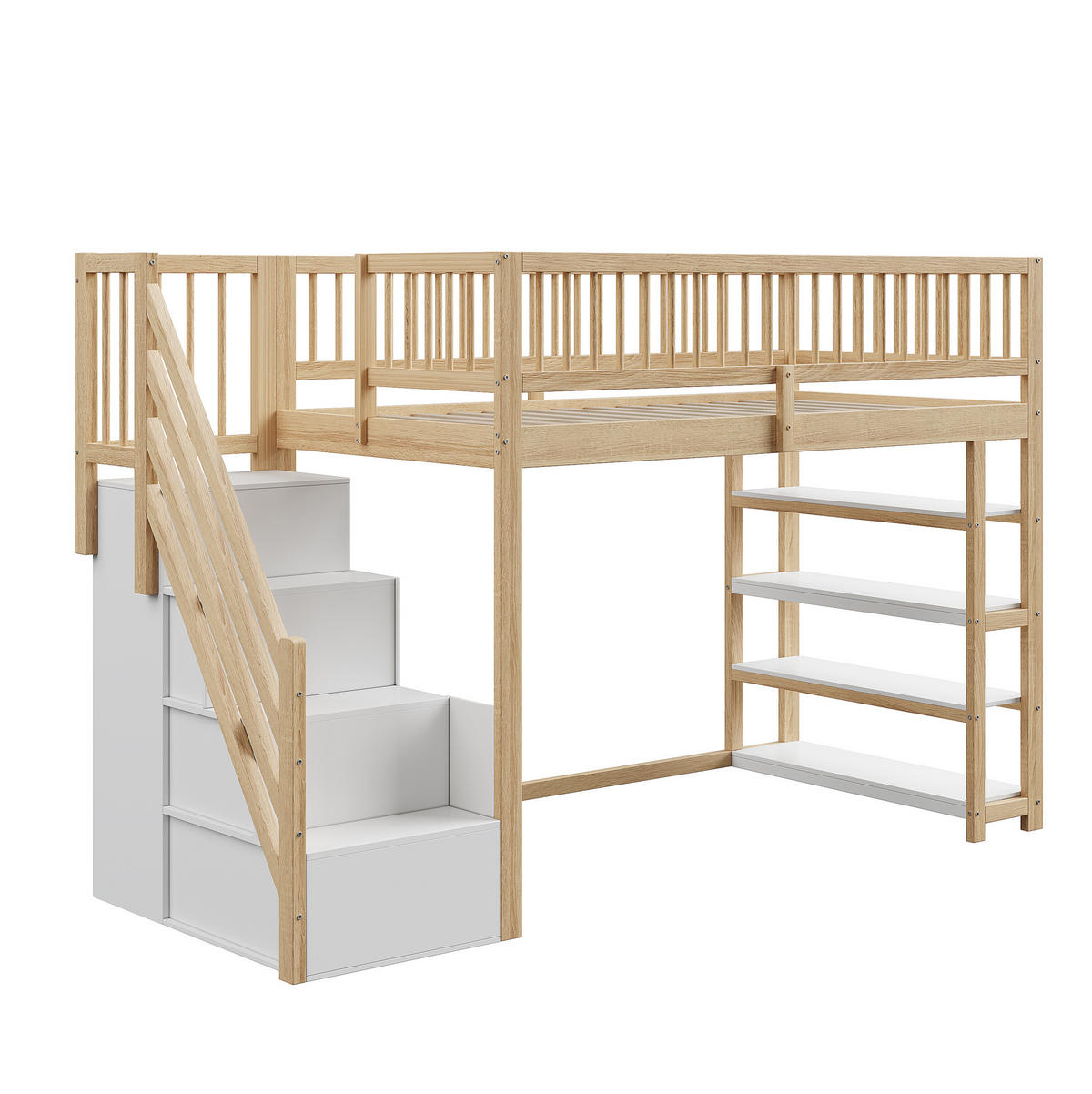 HOCHBETT 90/200 cm mit Kleiderschrank, Regalen und Sicherheitsleiter, farbe - Naturfarben, Holzwerkstoff (90/200cm) - Redom