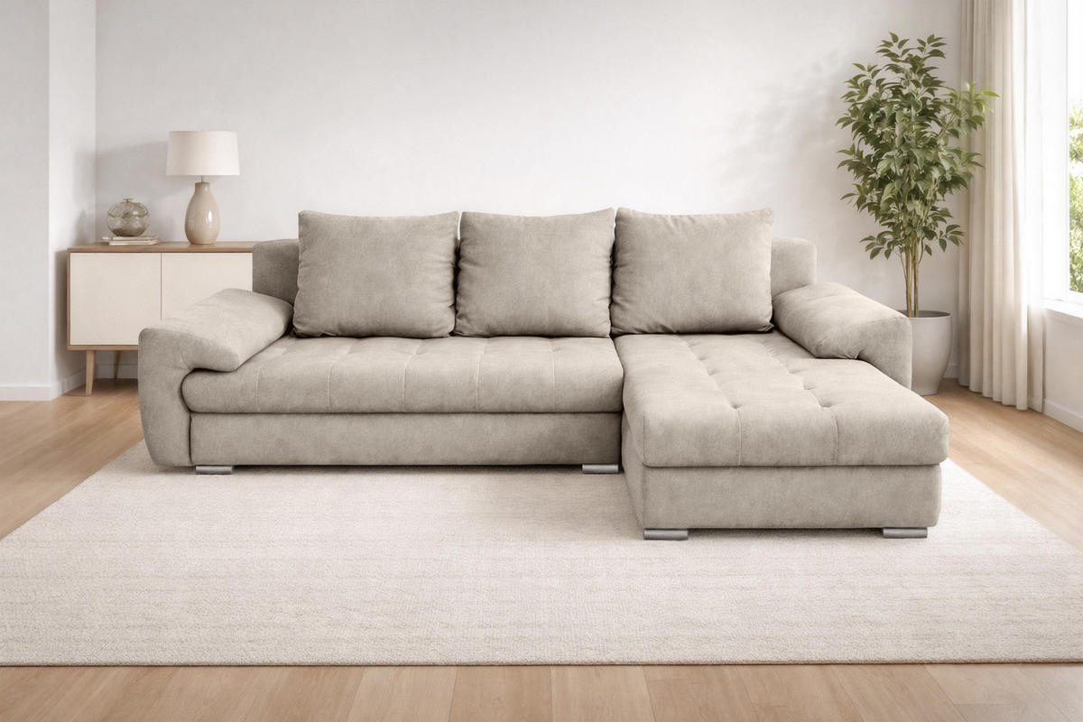 ECKSOFA L Form Manisa Beige 234/145/83 cm Rechts mit Schlaffunktion - Beige/Silberfarben, Kunststoff/Textil (234/145cm) - AX Living