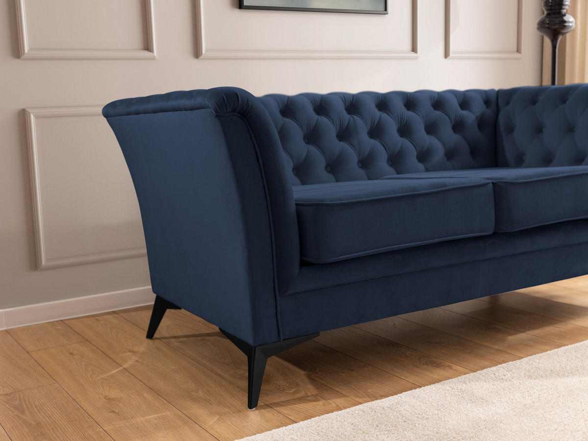 CHESTERFIELD-SOFA 3-sitzer Whitby Marineblau Samt mit schwarzen Füßen - Schwarz/Dunkelblau, Holz/Textil (237/78/82cm) - S-Style Möbel