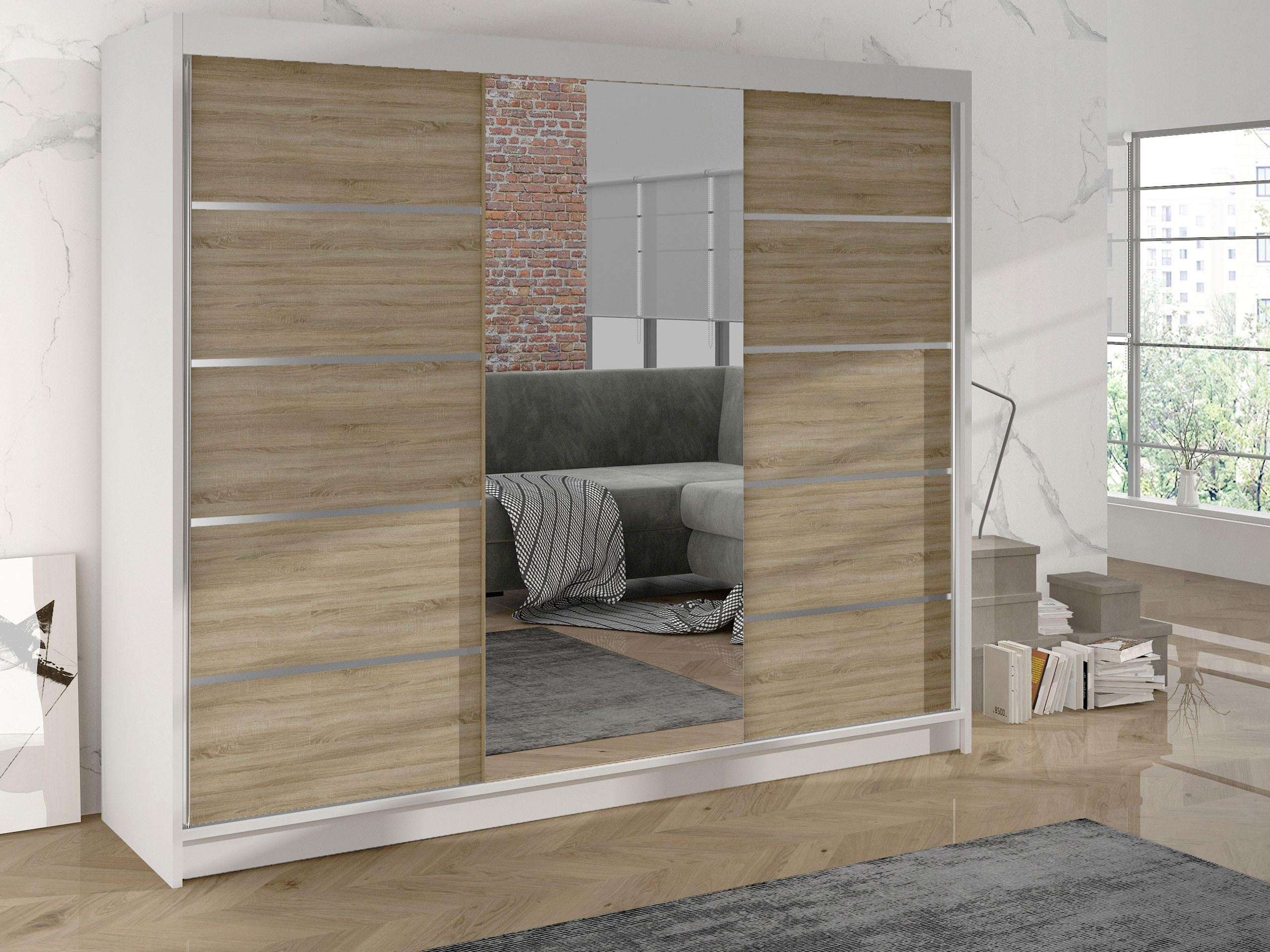 SCHWEBETÜRENSCHRANK Derby VI - Beige, Holzwerkstoff/Metall (200/215/58cm) - MIRJAN24