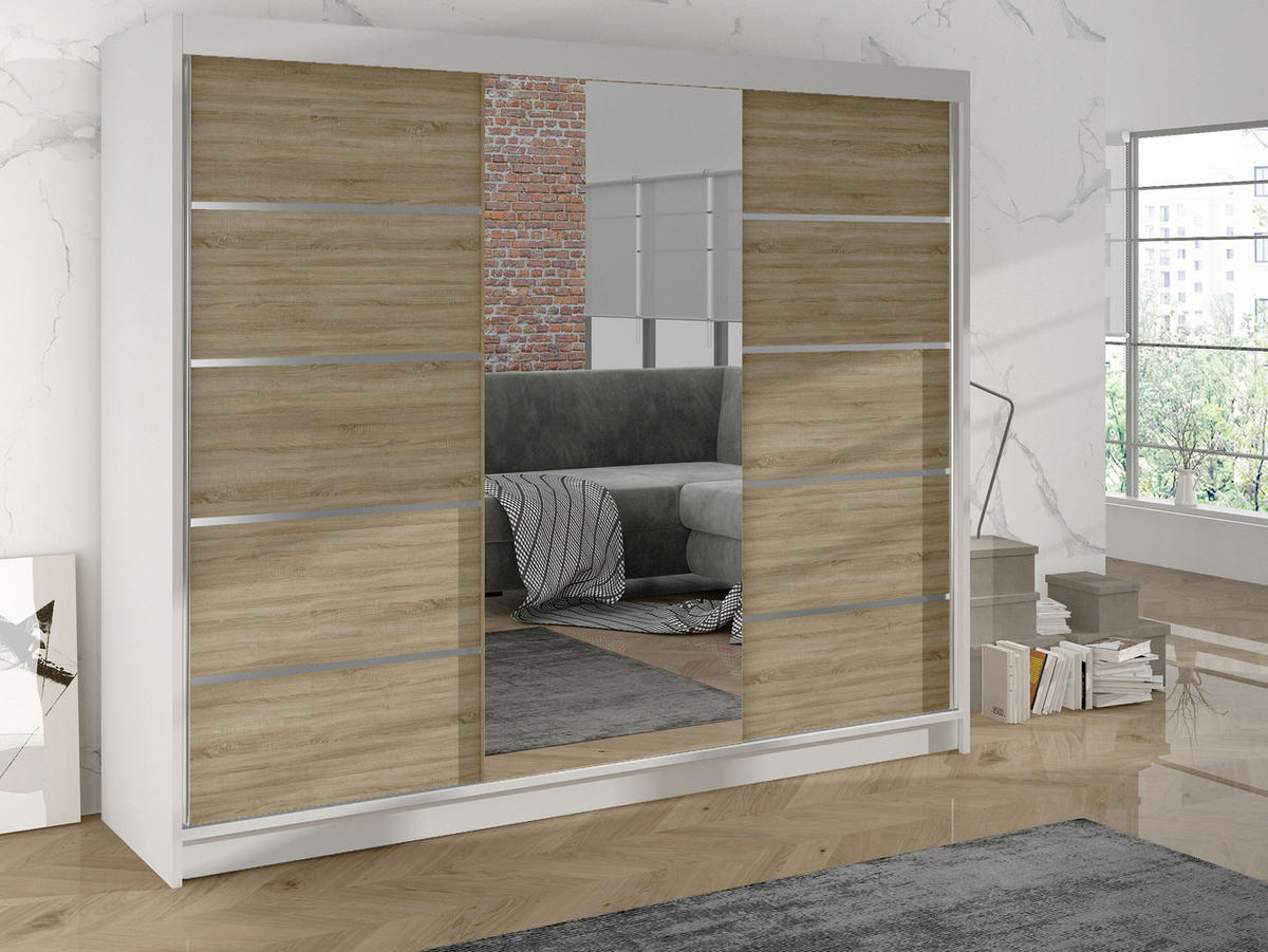 SCHWEBETÜRENSCHRANK Derby VI - Beige, Holzwerkstoff/Metall (200/215/58cm) - MIRJAN24