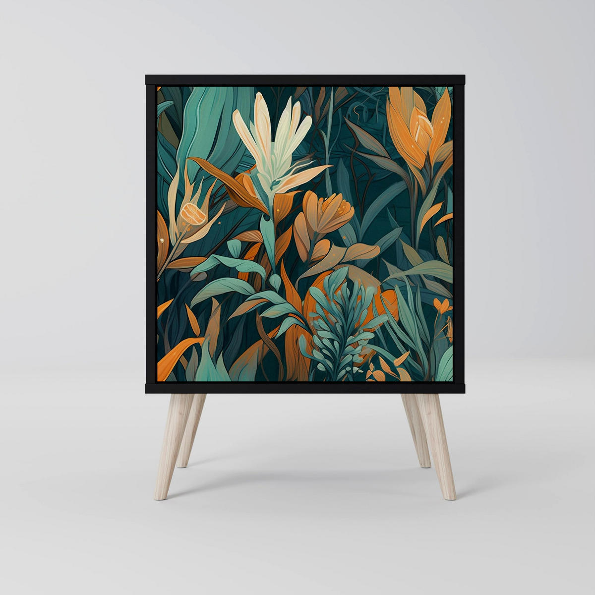 SIDEBOARD FLORAL SERENITY, Schwarz, 57,5x42x75,5 cm, Goldfarbene Metallfüße - Goldfarben/Multicolor, Holzwerkstoff/Metall (57.5/75.5/42cm) - SpaceRebels