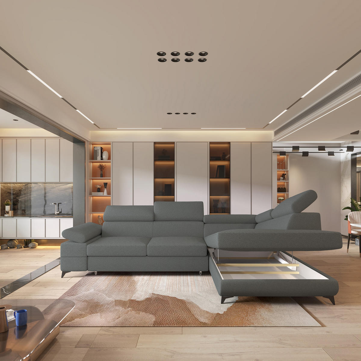 ECKSOFA FAVIEN R-S Grau Boucle-Stoff mit Schlaffunktion - Grau, Holz (257/190cm) - MASSENO