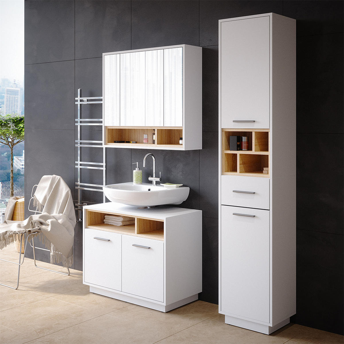 BADSCHRANK Beatrice Weiß 38 x 190 cm - Weiß, Holzwerkstoff (38/190/30cm) - Vicco