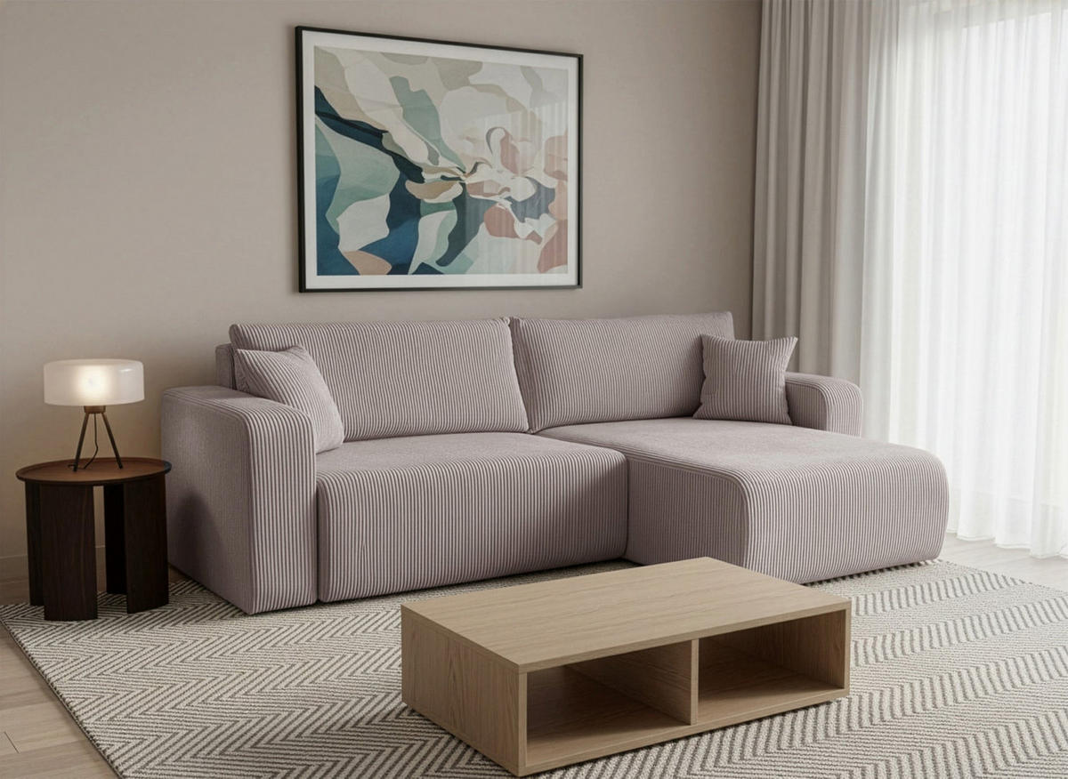 ECKSOFA mit Schlaffunktion Nellio L-Form universal mit Bettkasten Beige Cord - Beige/Schwarz, Kunststoff/Textil (245/145cm) - Homebook
