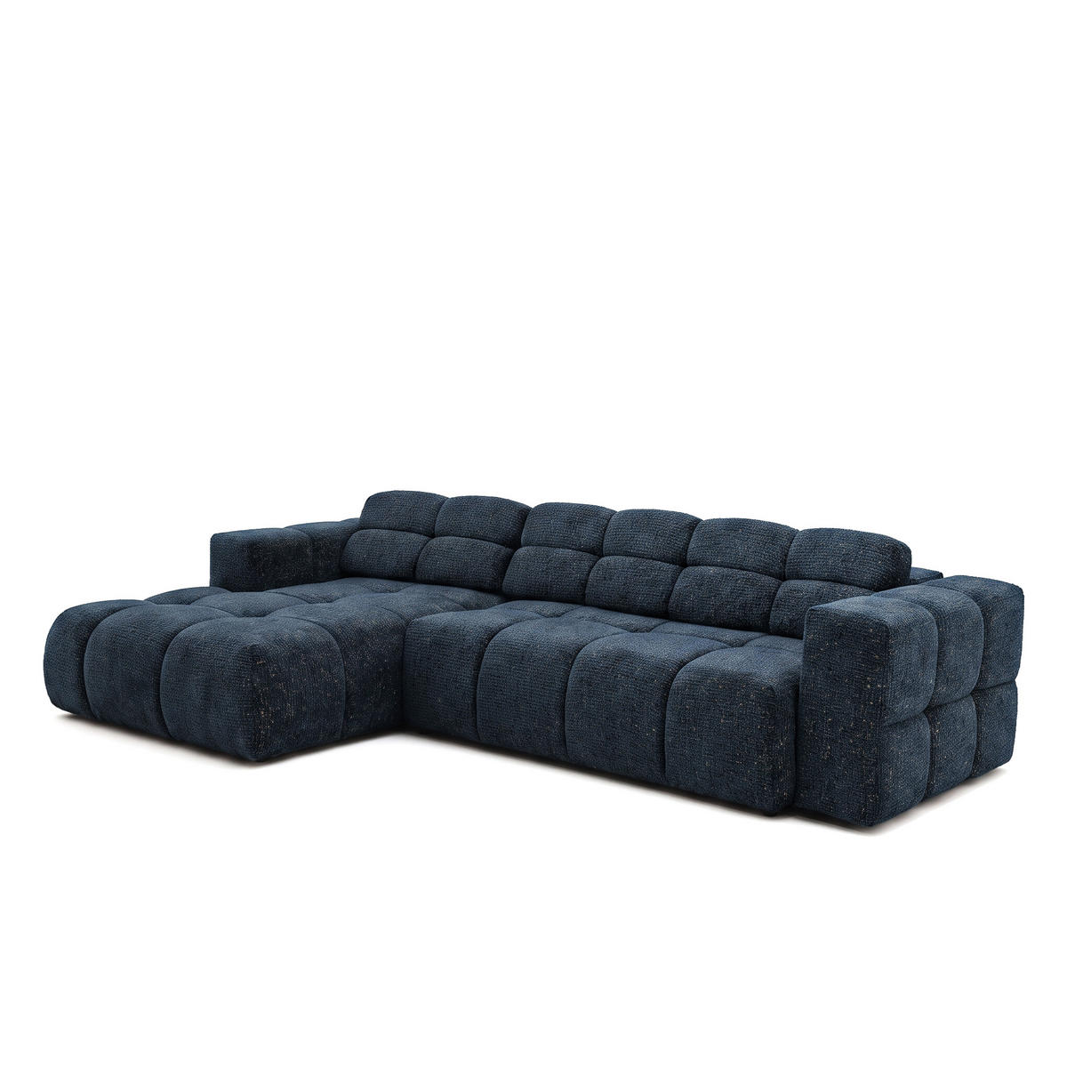 ECKSOFA TENDER Links mit Schlaffunktion und Verstellbare Kopfstützen, Chenille dunkelblau - Schwarz/Dunkelblau, Holz/Kunststoff (315/176cm) - Muffo