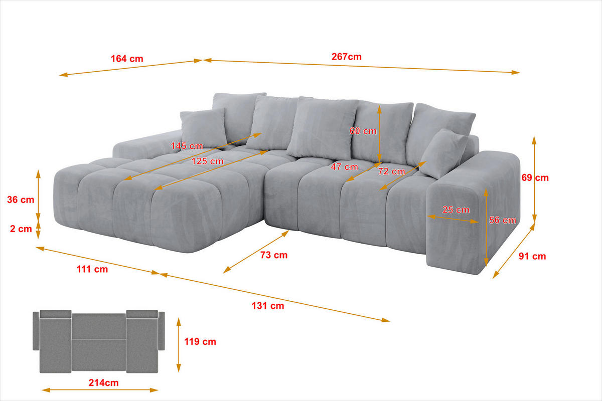 ECKSOFA Ottomane Links ENSI-L - 267x164x69 cm Titanfarben - Titanfarben, Holzwerkstoff/Kunststoff (267/164cm) - ALTDECOR