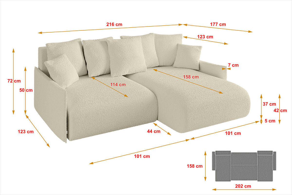 ECKSOFA Ottomane rechts ONESK-L -v1 216x177x72 Beige Bouclé - Creme, Holzwerkstoff/Kunststoff (177/216cm) - ALTDECOR