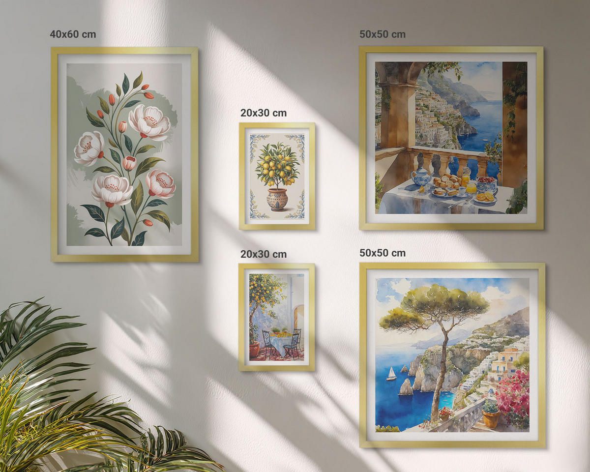 BILDER SET 5er Set - 50x50 cm & 20x30 cm & 40x60 cm Goldrahmen - Blick auf das Meer aus Zitronenbäumen - Goldfarben, Kunststoff (40/60cm) - TULUP