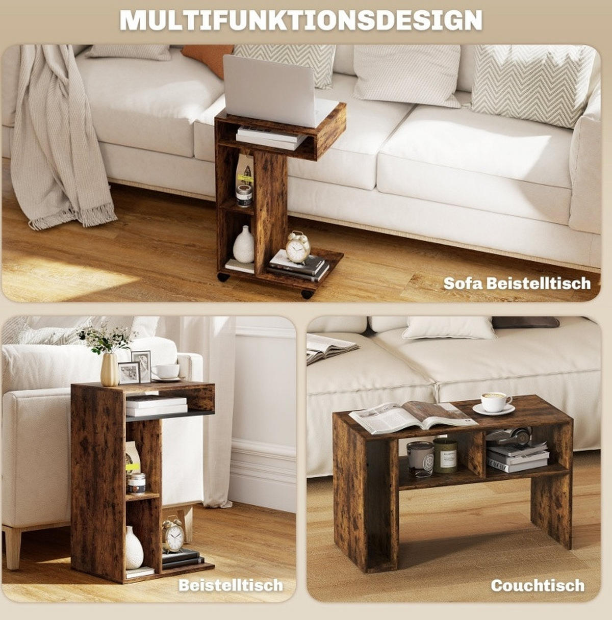 BEISTELLTISCH aus melaminbeschichteter Spanplatte 30x40x69 cm Rustikalbraun mit 4 Rollen, 3 Fächern und C-Form - Braun, Holz (40/30/69cm) - Modfu