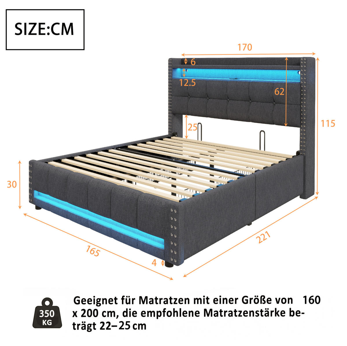 POLSTERBETT 160/200 cm mit LED-Beleuchtung, USB-Anschluss und Kopfteil mit Ablagen und Stauraum, aus Leinenstoff, Grau - Grau, Textil (160/200cm) - Redom