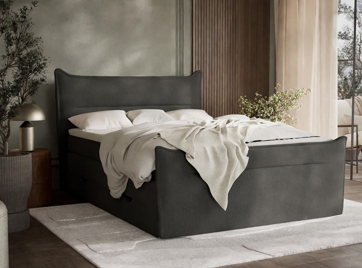 BOXSPRINGBETT Pelino 140/200 cm, in Graphit, Bettkasten, Matratze, Topper - Schwarz/Graphitfarben, Holz/Holzwerkstoff (140/200cm) - Maison de Reve