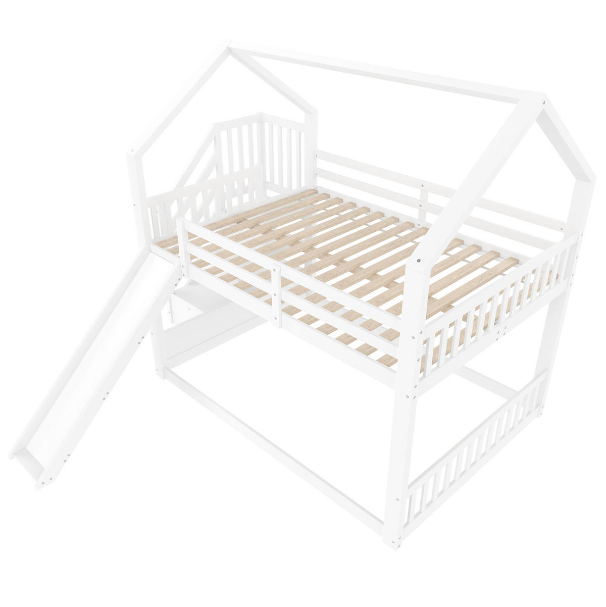HAUSBETT 140/200 cm in Weiß mit Stauraumtreppe und Rutsche - Weiß, Holz (140/200cm) - BEAOK