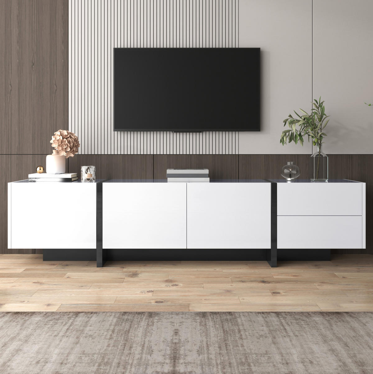 LOWBOARD 190/35/45 cm Weiß/Schwarz aus Spanplatte mit Hochglanz und 3 Türen 2 Schubladen - Weiß, Holzwerkstoff (35/45/190cm) - OKMYHOME