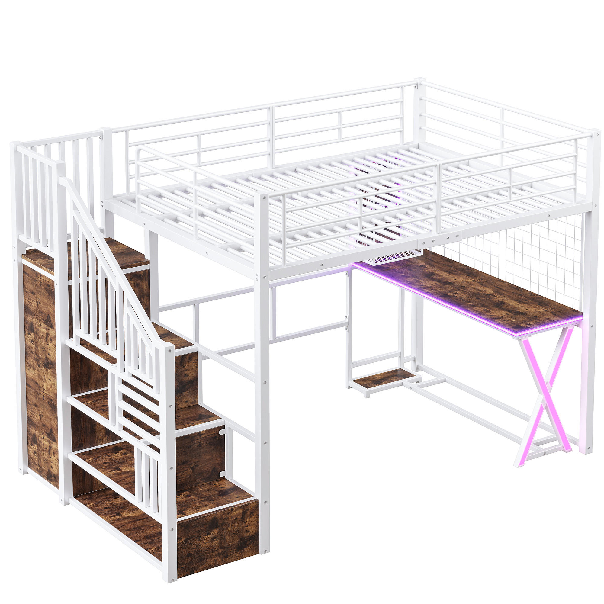 HOCHBETT 140/200 cm DE-04920, mit LED, Schreibtisch und Ablageleiter in Weiß - Weiß, Metall (140/200cm) - ComfortXL