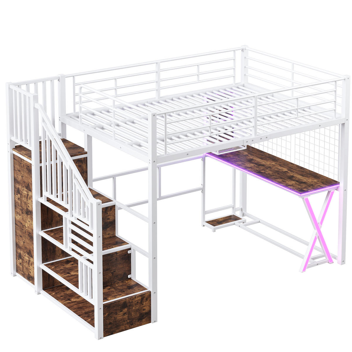 HOCHBETT 140/200 cm mit LED-Leuchten, Ablageleiter und Schreibtisch, Weiß - Weiß, Metall (140/200cm) - OKWISH