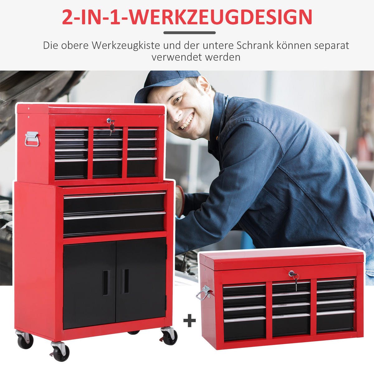 WERKSTATTWAGEN mit Werkzeugkasten 2 Schlüssel Metall Rot+Schwarz - Multicolor, Metall (61.6/108/33cm) - HOMCOM