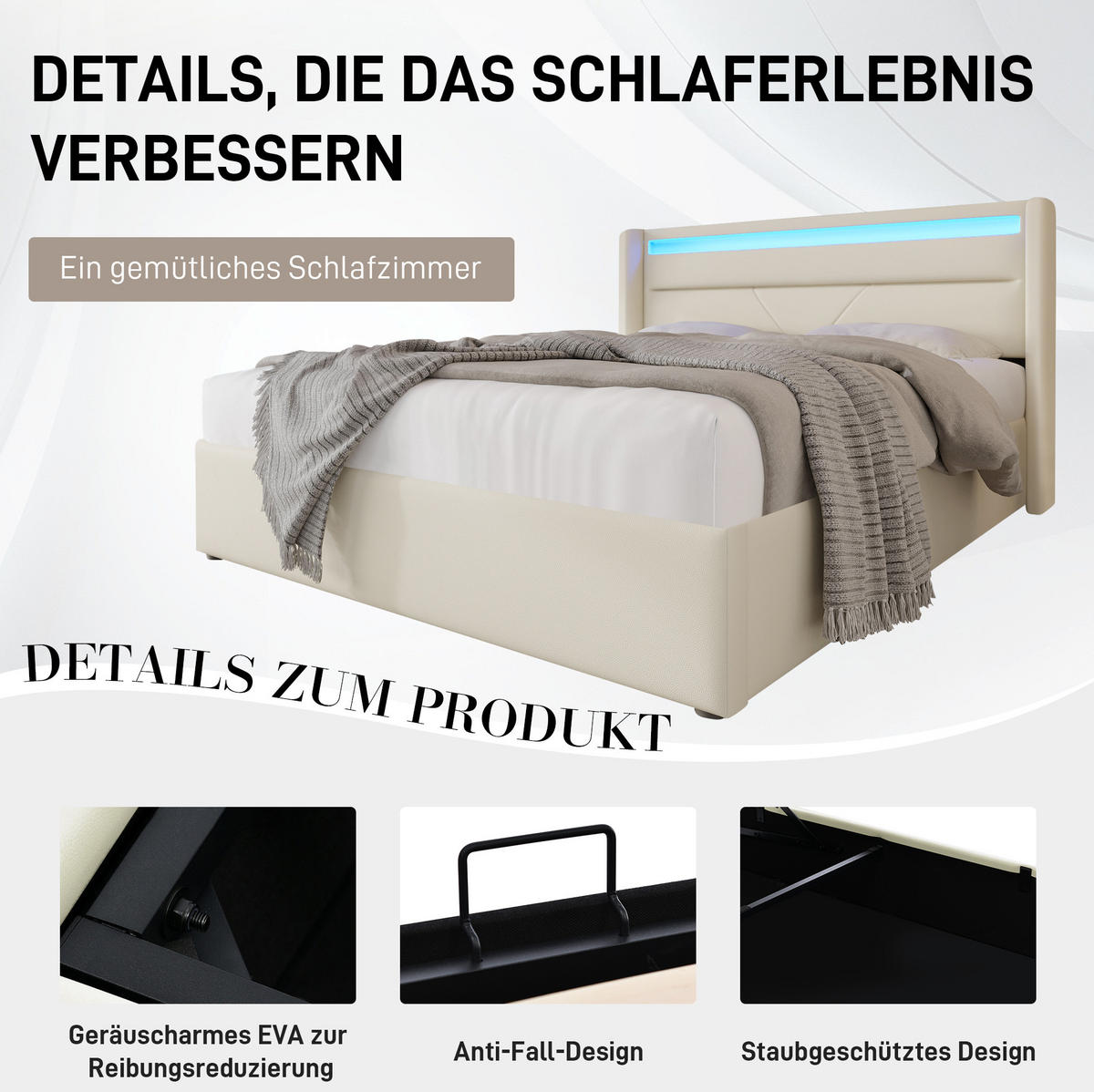 POLSTERBETT 160/200 cm Weiß aus PU mit Bettkasten und LED - Weiß, Kunststoff (160/200cm) - OKMYHOME