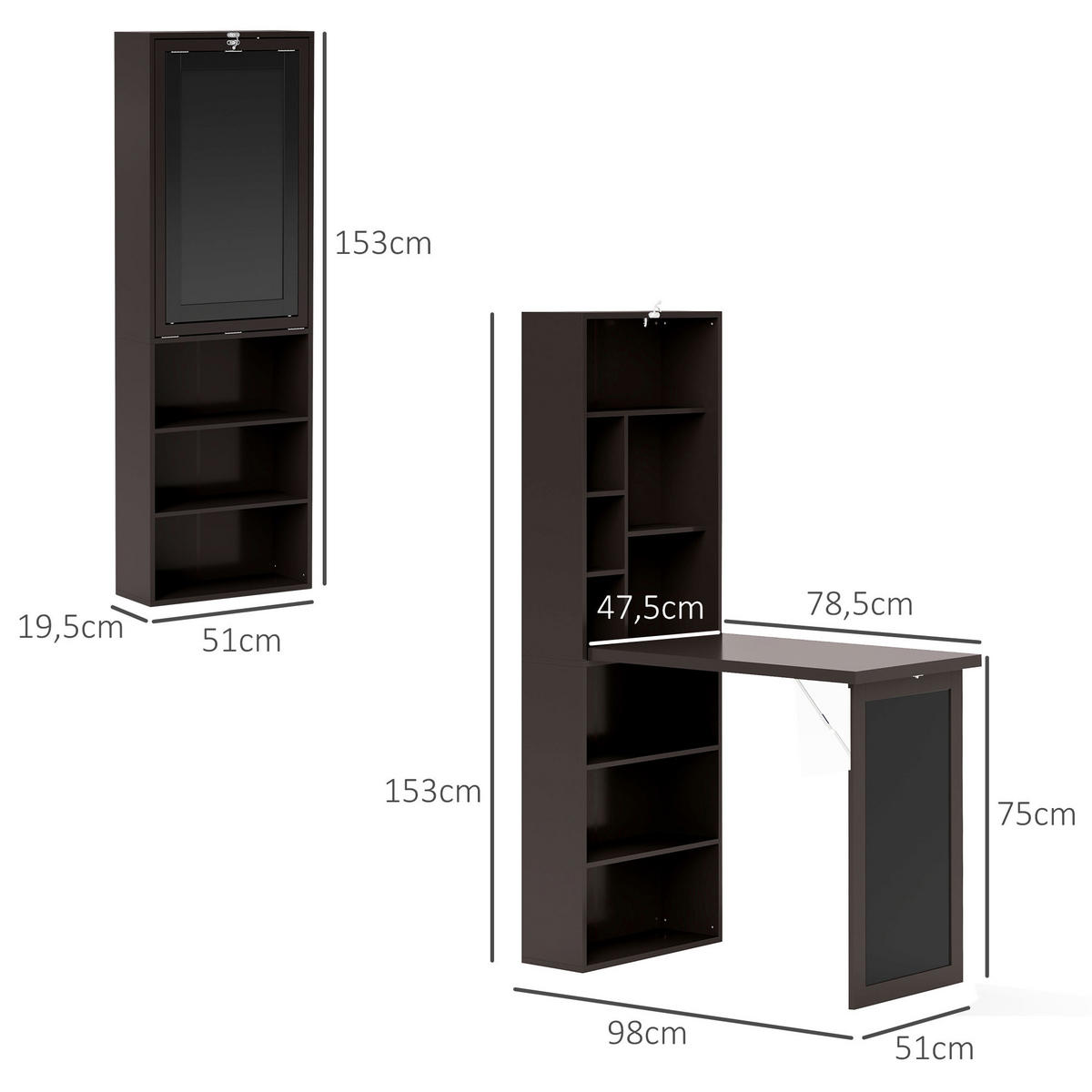 SCHREIBTISCH Kieferfarben wandmontiert klappbar mit Regal und Kreidetafel 98/51/153 cm - Braun, Holzwerkstoff (51/98/153cm) - PANGIVO