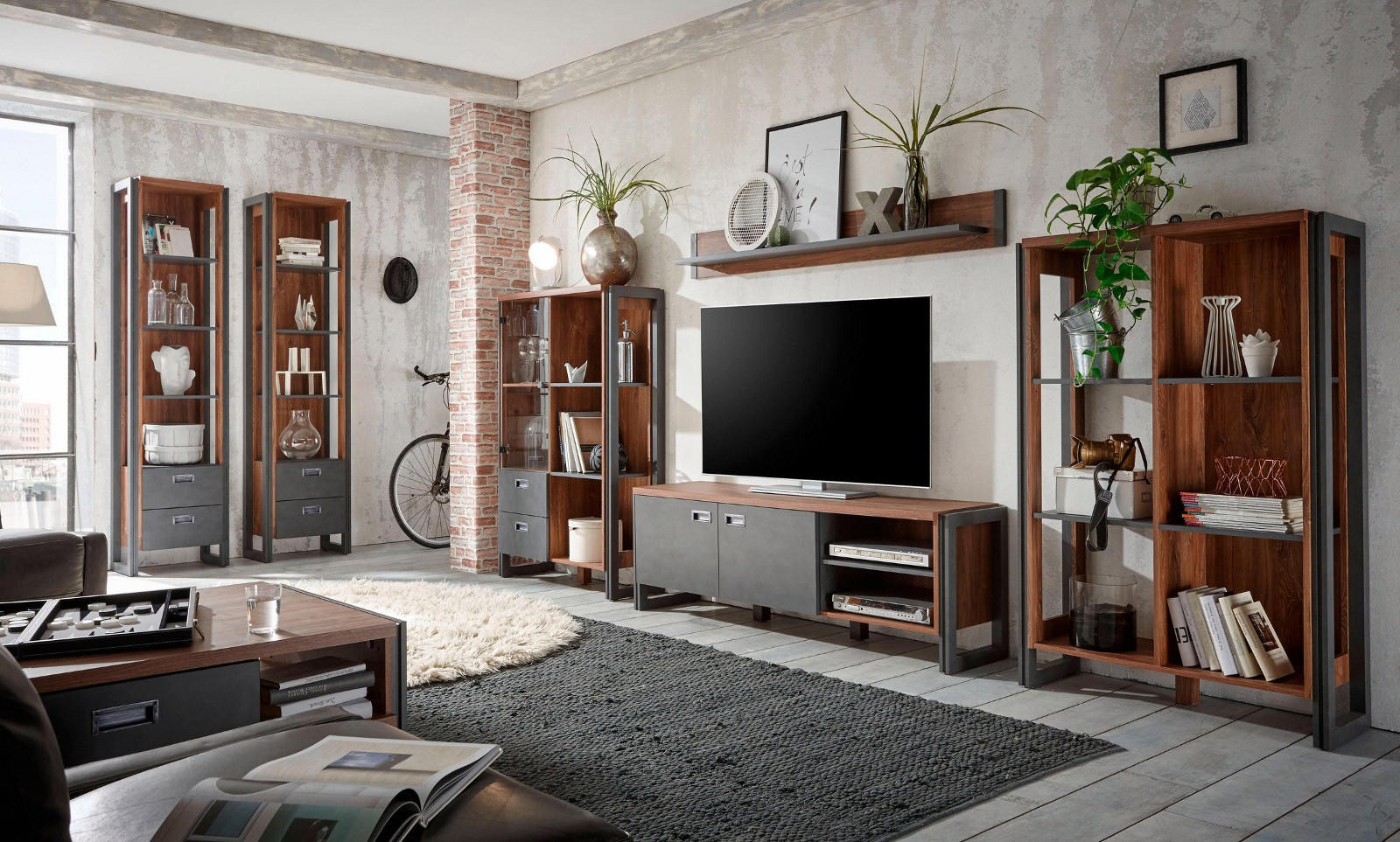 WOHNWAND Eiche Stirling, Matera grau, Schrankwand 4-teilig 356 x 170 cm - Eichefarben/Silberfarben, Holzwerkstoff/Metall (360/170/39cm) - Furn.Design