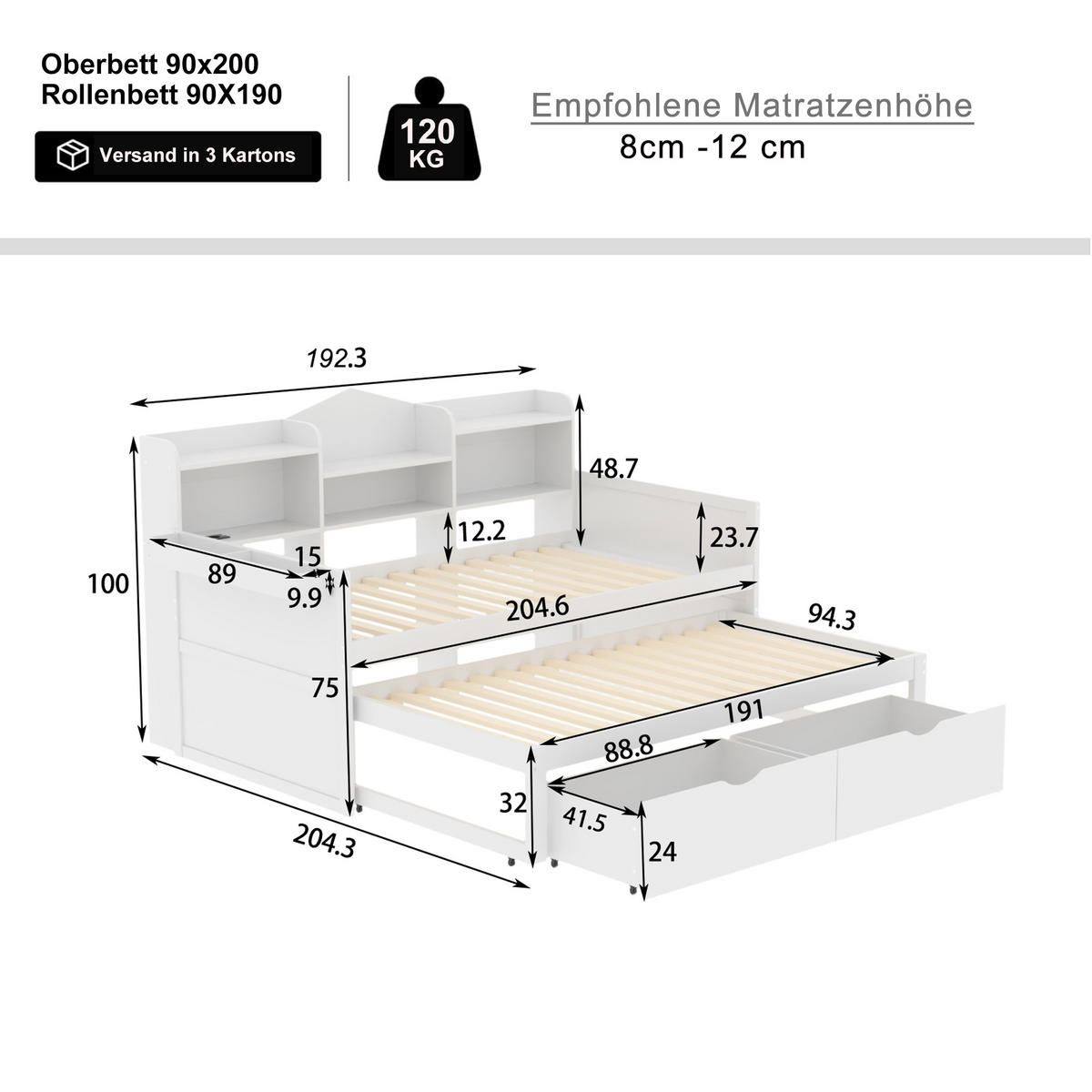 SCHLAFSOFA mit Ausziehbett 90x200 cm Weiß - Weiß, Holz (90/200cm) - Meubliv