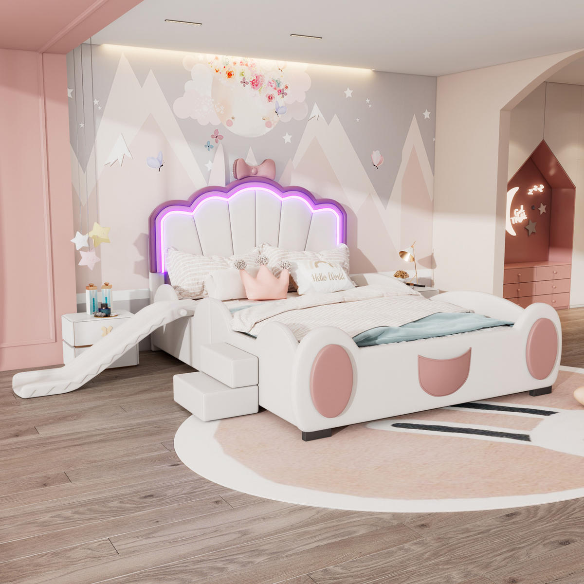 KINDERBETT 140/200 cm mit LED-Farbwechsel, Rutsche und Leiter in Schmetterlingsform, PU, Rosa/Weiß - Rosa, Kunststoff (140/200cm) - Redom