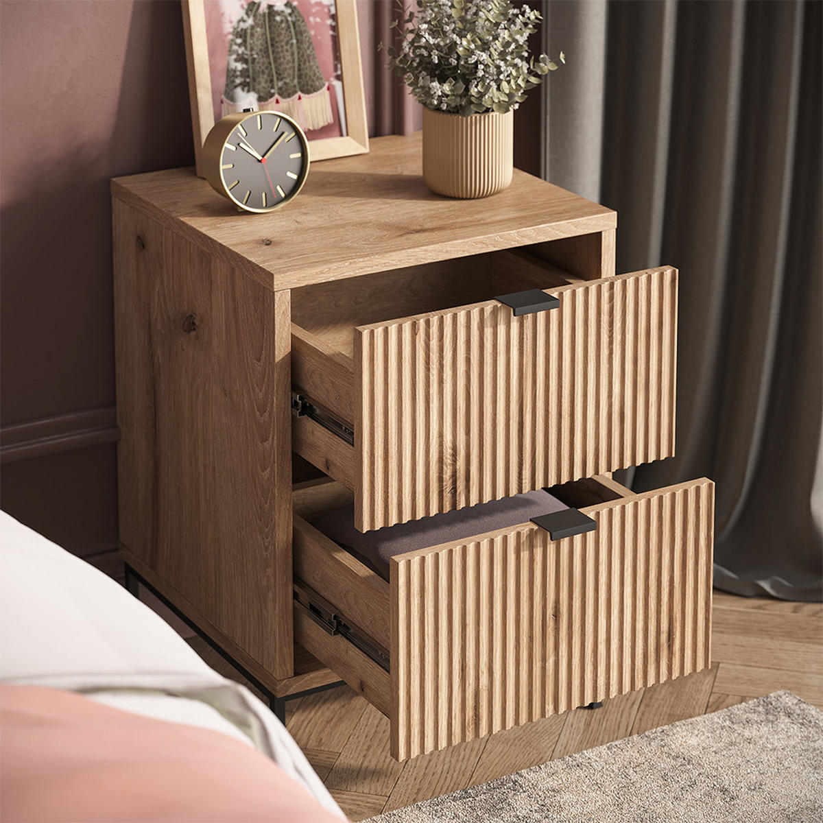 NACHTTISCH Eliza, Viking Oak/Schwarz, 40 x 55.4 cm mit 2 Schubladen - Eichefarben/Schwarz, Holzwerkstoff (40/55.4/38.1cm) - Vicco