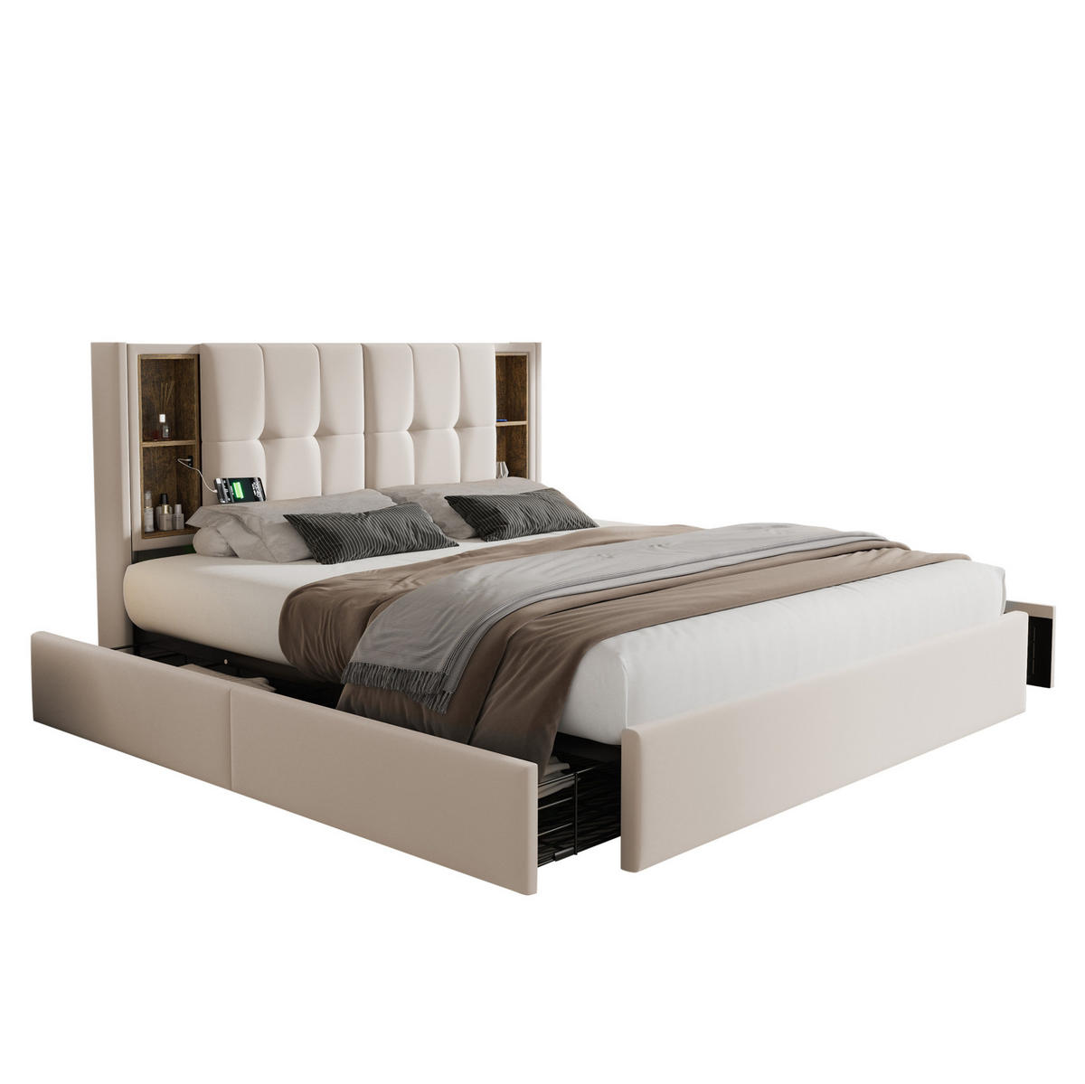 ČALÚNENÁ posteľ 160/200 cm s bezdrôtovým nabíjaním, USB a 4 zásuvkami, zamatová, Béžová - béžová, textil (160/200cm) - Redom