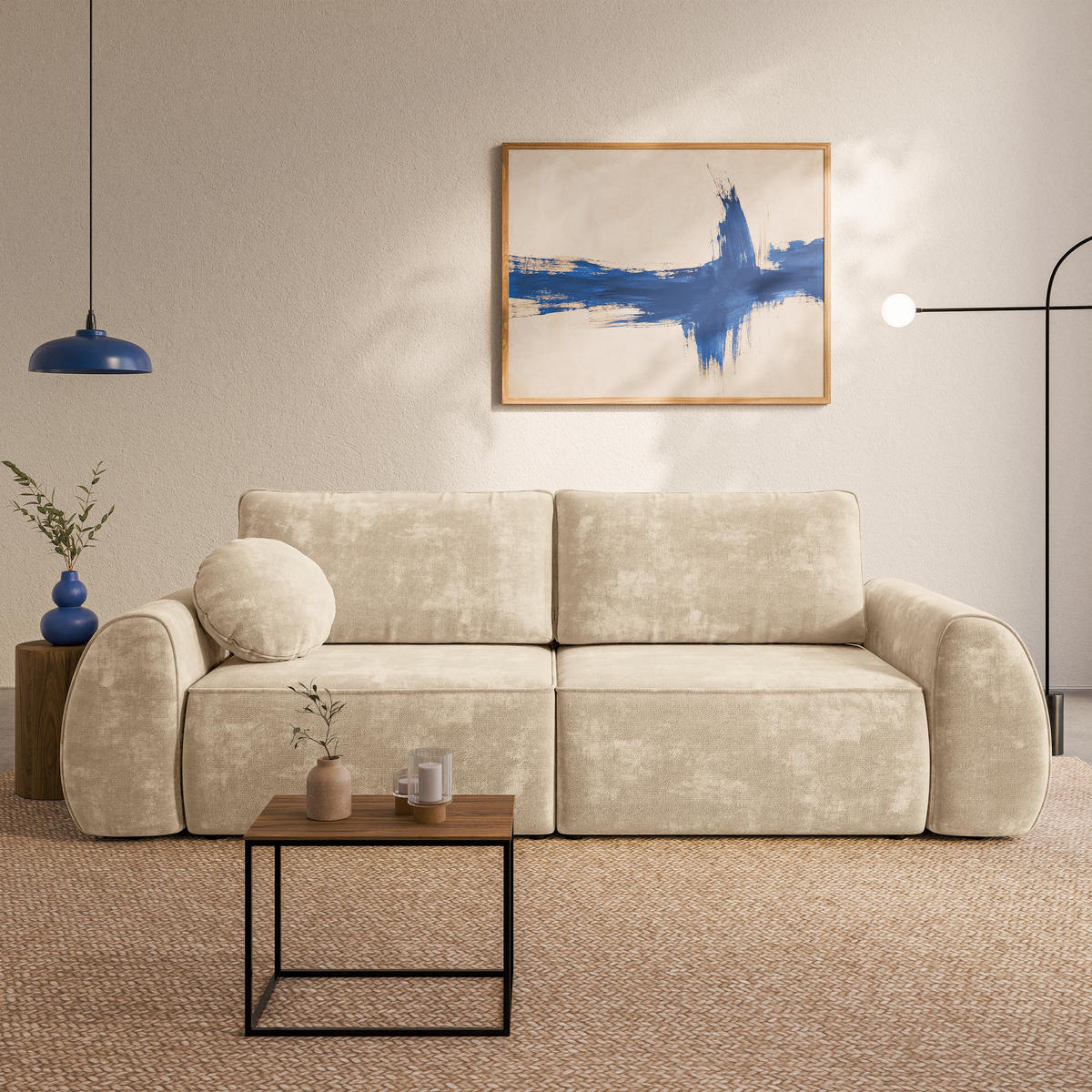 BETTSOFA ZEFEO Creme Chenille-Stoff mit Schlaffunktion - Creme, Textil (264/96/106cm) - MASSENO