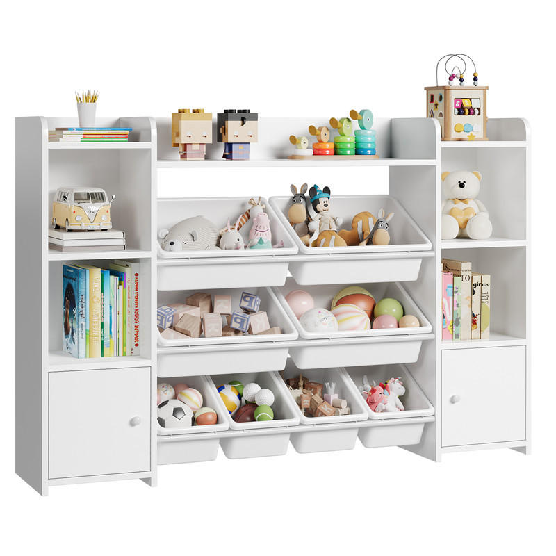 KINDERREGAL –Aufbewahrung für Spielzeug und Bücher, 138×29×94 cm, mit 8 Boxen und 9 Fächern - Weiß, Holz (29.6/94.3/138.8cm) - Kaket